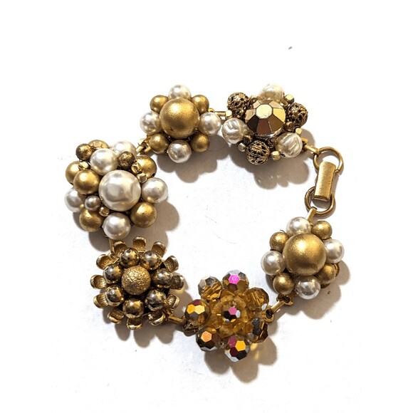 Vintage Gold Tone Cluster Beaded Bracelet Faux Pearls Faceted Crystal Floral 8" - Picture 2 of 3
